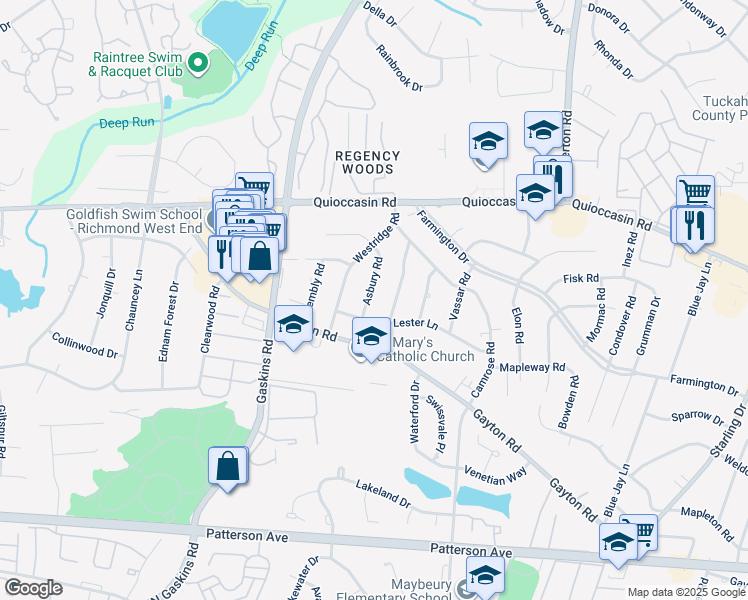 map of restaurants, bars, coffee shops, grocery stores, and more near 1307 Asbury Road in Richmond