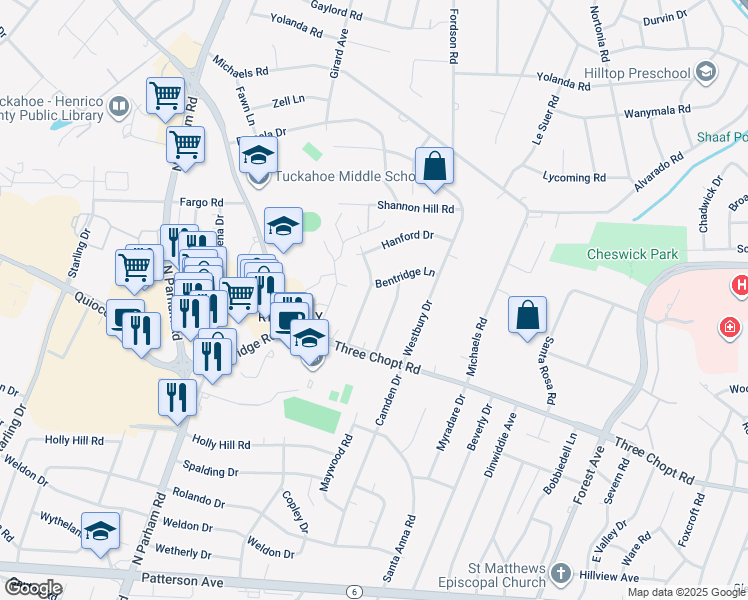 map of restaurants, bars, coffee shops, grocery stores, and more near 1517 Bexhill Road in Richmond