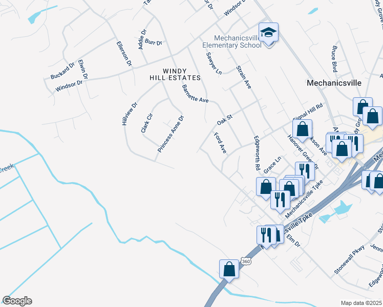 map of restaurants, bars, coffee shops, grocery stores, and more near 8230 Oak Street in Mechanicsville