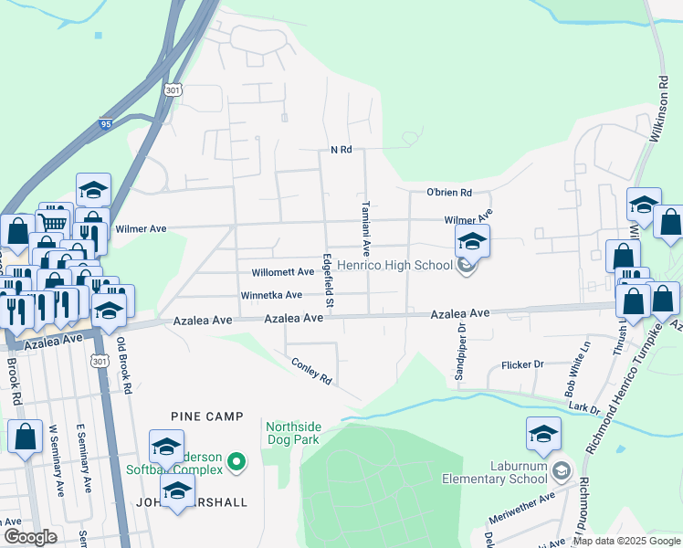 map of restaurants, bars, coffee shops, grocery stores, and more near 511 Willomett Avenue in Richmond