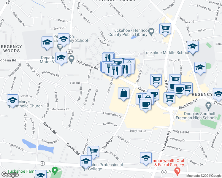 map of restaurants, bars, coffee shops, grocery stores, and more near 1409 Blue Jay Lane in Henrico
