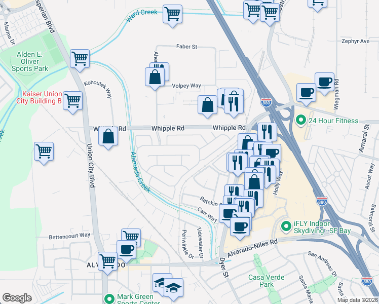 map of restaurants, bars, coffee shops, grocery stores, and more near 2911 Seriana Place in Union City