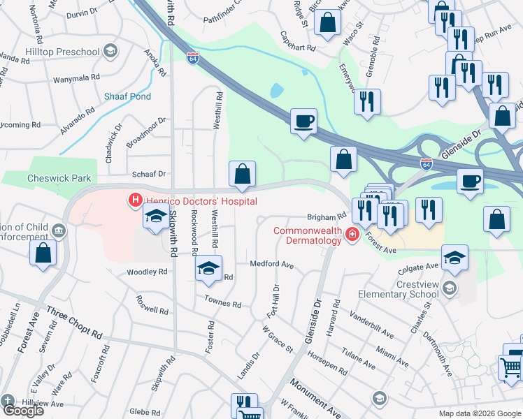 map of restaurants, bars, coffee shops, grocery stores, and more near 7209 Brigham Road in Richmond