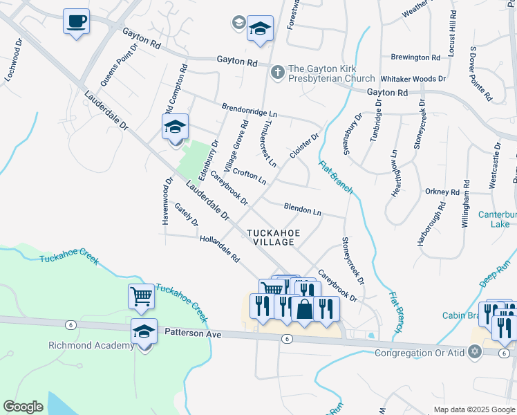 map of restaurants, bars, coffee shops, grocery stores, and more near 1609 Careybrook Drive in Henrico
