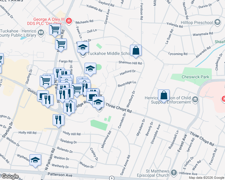 map of restaurants, bars, coffee shops, grocery stores, and more near 1511 Bexhill Road in Richmond