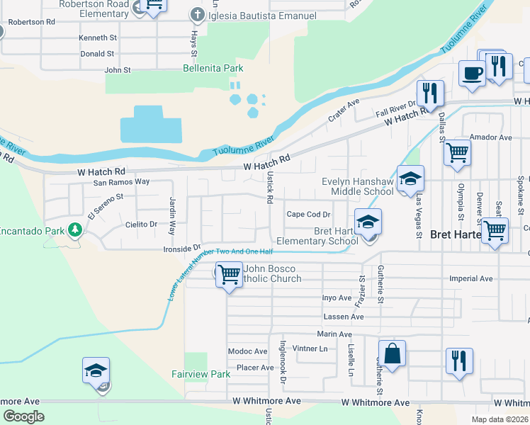 map of restaurants, bars, coffee shops, grocery stores, and more near 1509 Tudor Court in Modesto