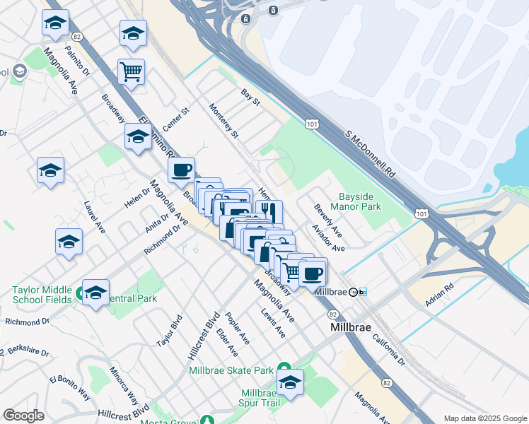 map of restaurants, bars, coffee shops, grocery stores, and more near 450 El Camino Real in Millbrae