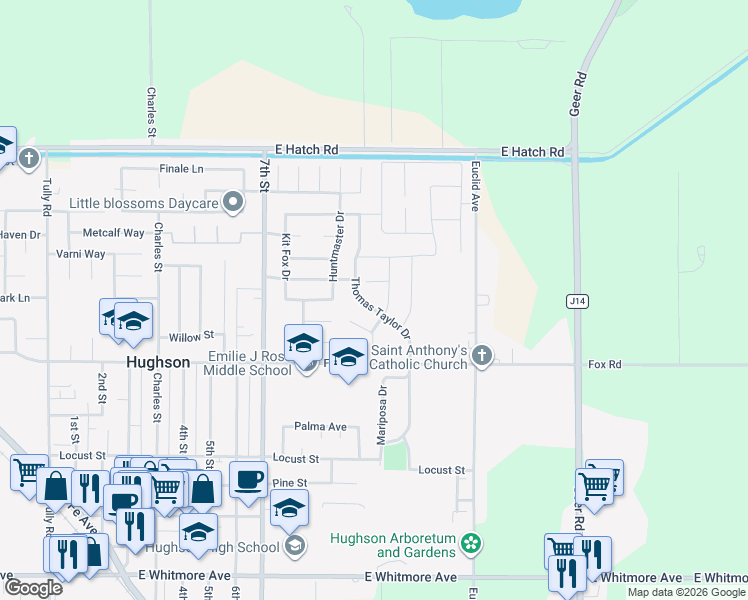 map of restaurants, bars, coffee shops, grocery stores, and more near 7541 Nuncia Court in Hughson