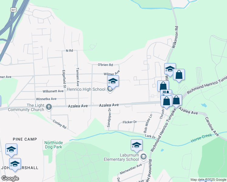 map of restaurants, bars, coffee shops, grocery stores, and more near 302 Azalea Avenue in Richmond