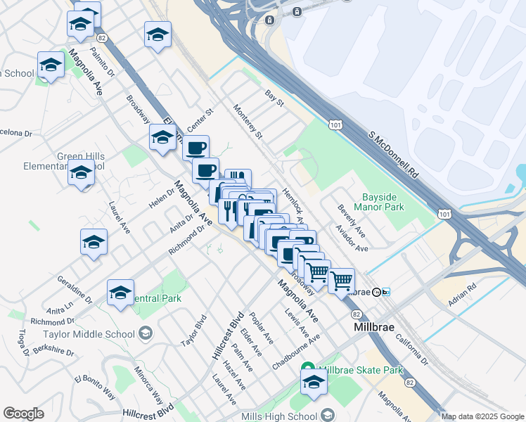 map of restaurants, bars, coffee shops, grocery stores, and more near 525 California 82 in Millbrae
