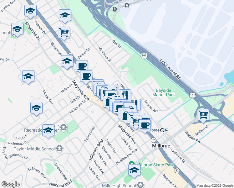 map of restaurants, bars, coffee shops, grocery stores, and more near 450 El Camino Real in Millbrae