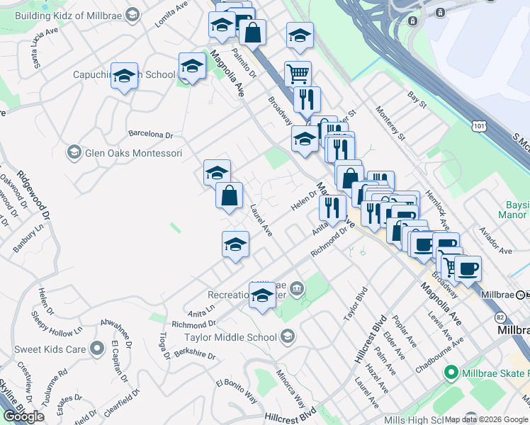 map of restaurants, bars, coffee shops, grocery stores, and more near 408 Helen Drive in Millbrae