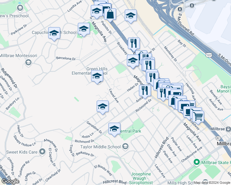 map of restaurants, bars, coffee shops, grocery stores, and more near 408 Helen Drive in Millbrae
