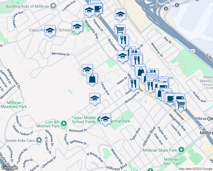 map of restaurants, bars, coffee shops, grocery stores, and more near 718 Laurel Avenue in Millbrae