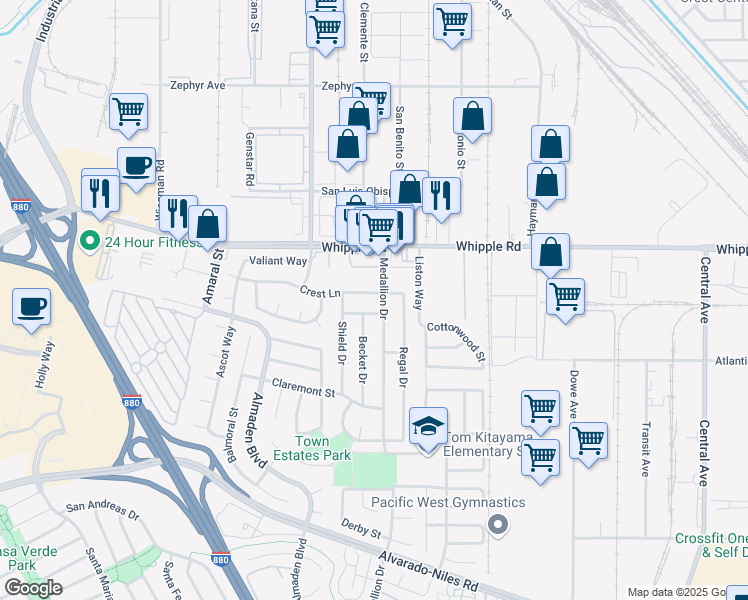 map of restaurants, bars, coffee shops, grocery stores, and more near 32333 Crest Lane in Union City