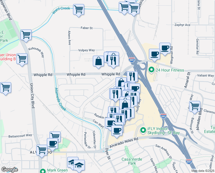 map of restaurants, bars, coffee shops, grocery stores, and more near 3030 Flint Street in Union City