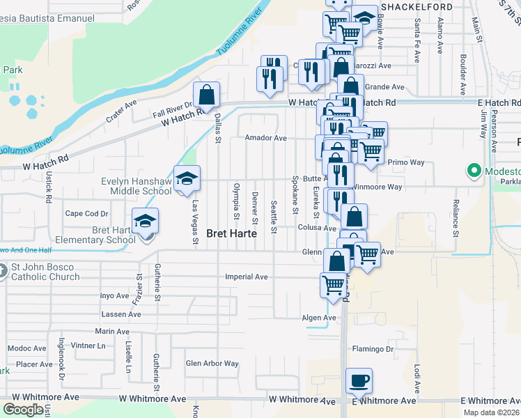 map of restaurants, bars, coffee shops, grocery stores, and more near 1717 Denver Street in Modesto