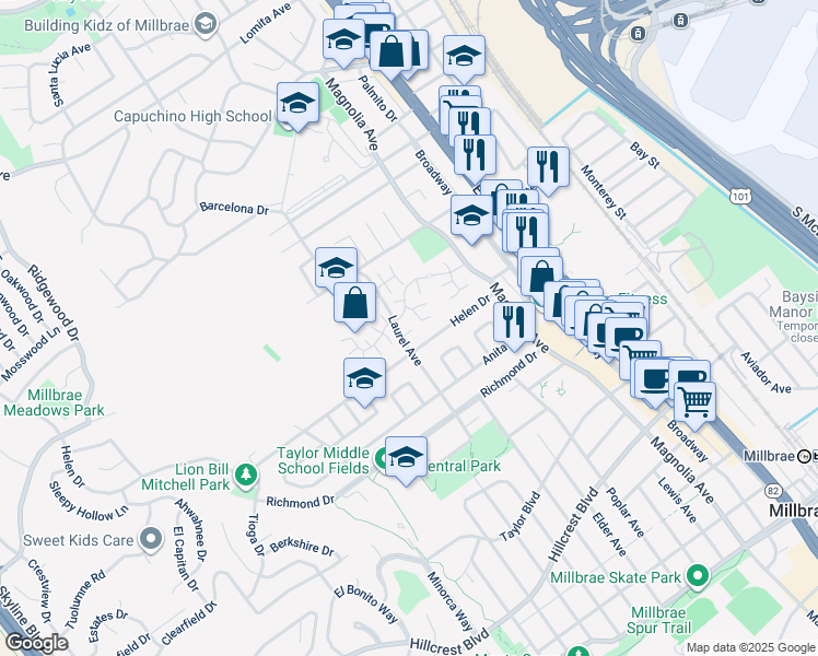 map of restaurants, bars, coffee shops, grocery stores, and more near 718 Laurel Avenue in Millbrae