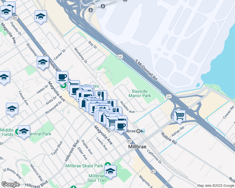 map of restaurants, bars, coffee shops, grocery stores, and more near 422 Nadina Avenue in Millbrae