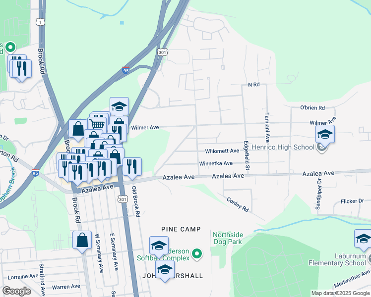 map of restaurants, bars, coffee shops, grocery stores, and more near 808 Willomett Avenue in Richmond