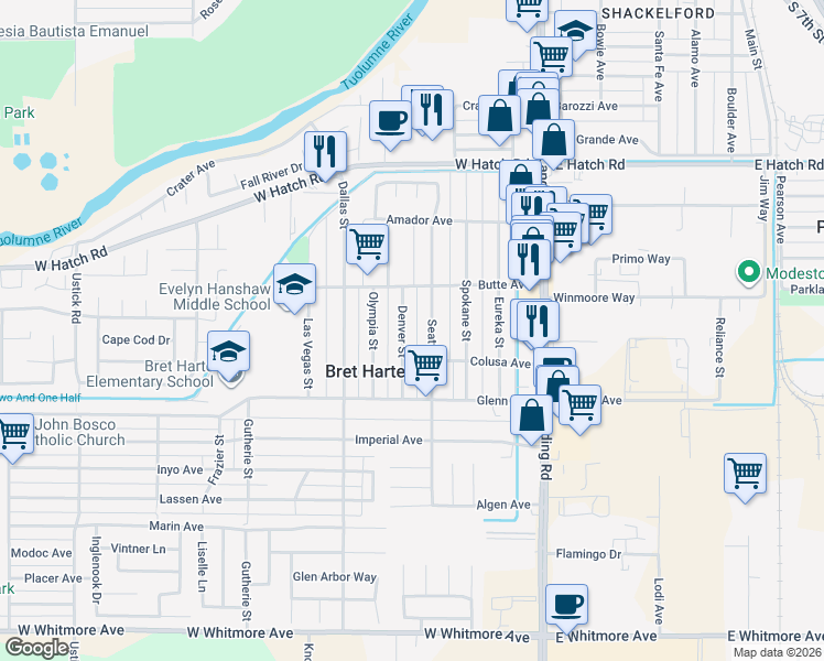 map of restaurants, bars, coffee shops, grocery stores, and more near 1717 Denver Street in Modesto