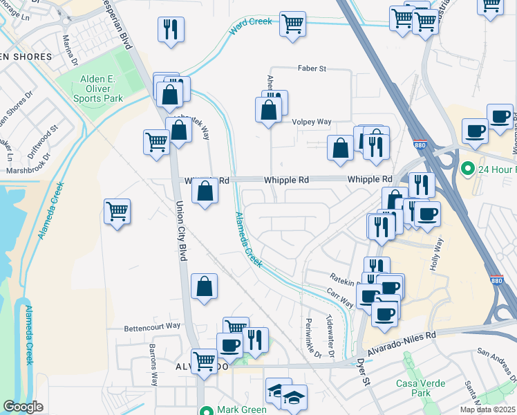 map of restaurants, bars, coffee shops, grocery stores, and more near 30355 Meridien Circle in Union City
