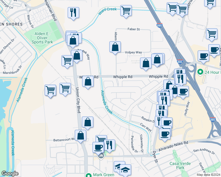 map of restaurants, bars, coffee shops, grocery stores, and more near 30355 Meridien Circle in Union City