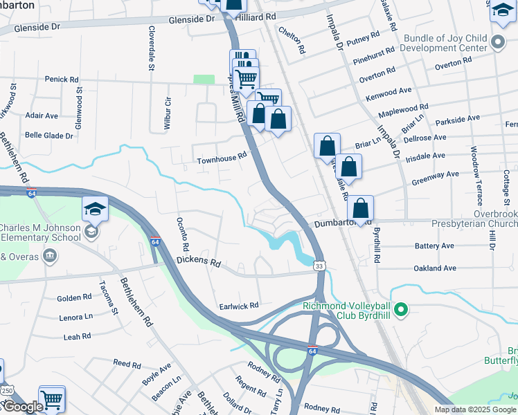 map of restaurants, bars, coffee shops, grocery stores, and more near 19 Meadowlark Lane in Richmond