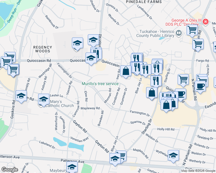 map of restaurants, bars, coffee shops, grocery stores, and more near 9206 Fisk Road in Richmond