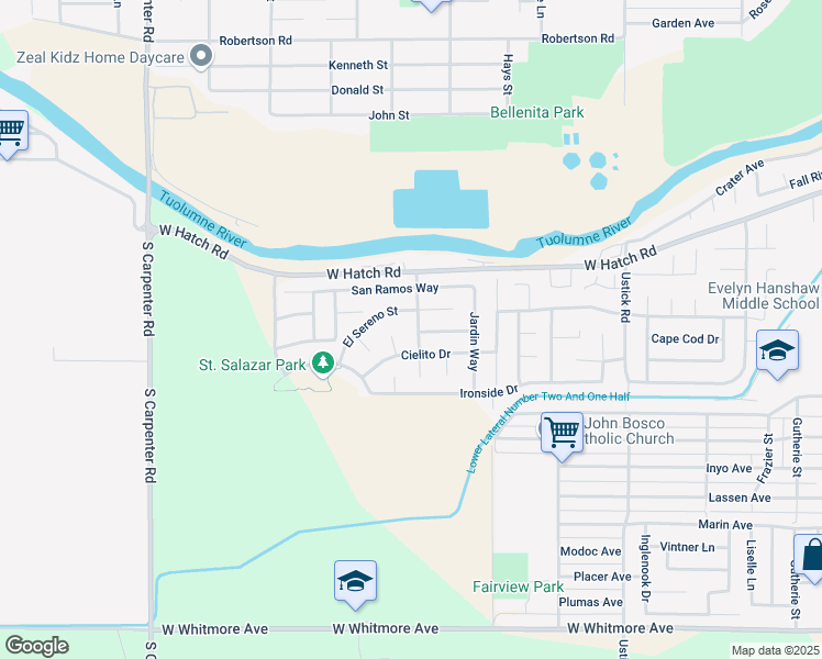 map of restaurants, bars, coffee shops, grocery stores, and more near 1709 Rancho Encantado Lane in Modesto