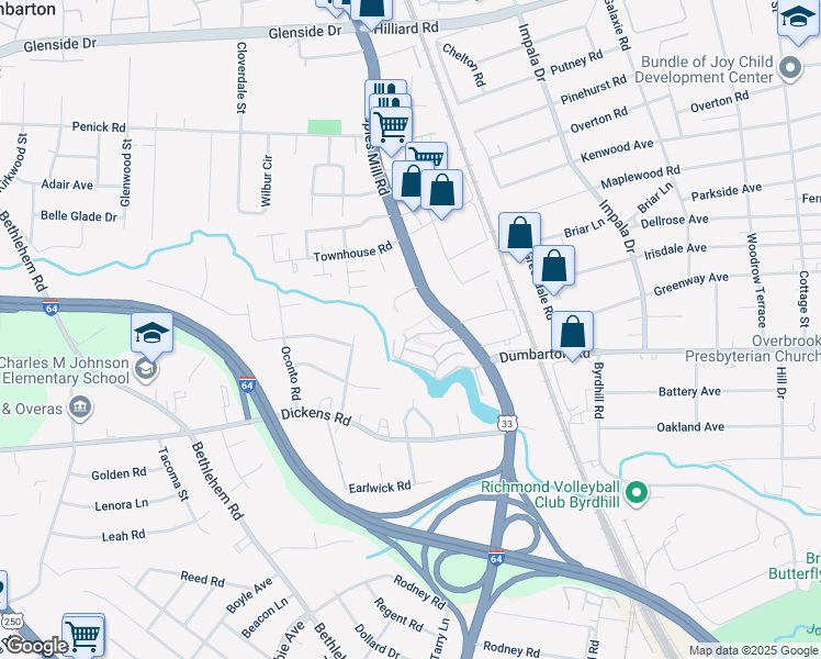 map of restaurants, bars, coffee shops, grocery stores, and more near 19 Meadowlark Lane in Richmond