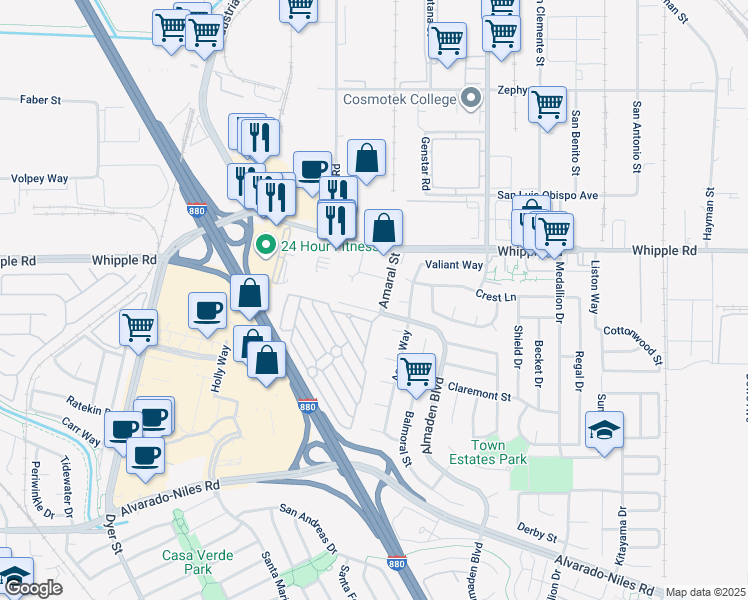map of restaurants, bars, coffee shops, grocery stores, and more near 2410 Pratt Avenue in Hayward