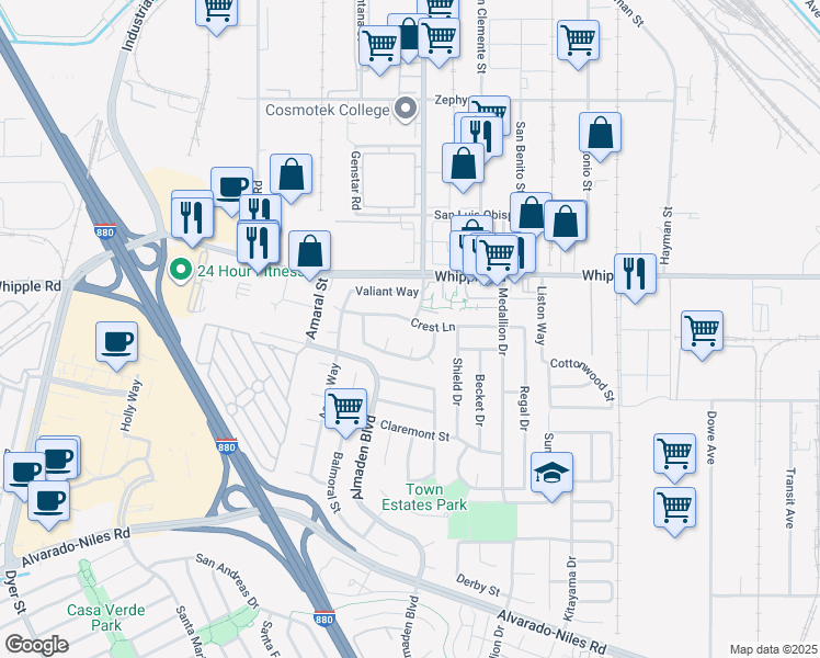map of restaurants, bars, coffee shops, grocery stores, and more near 32273 Crest Lane in Union City