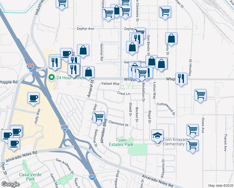 map of restaurants, bars, coffee shops, grocery stores, and more near 32273 Crest Lane in Union City
