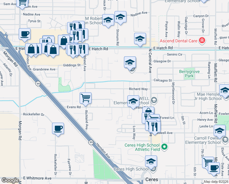 map of restaurants, bars, coffee shops, grocery stores, and more near 1667 Gene Road in Ceres