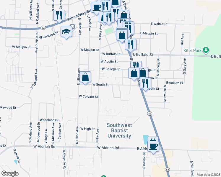 map of restaurants, bars, coffee shops, grocery stores, and more near 215 West South Street in Bolivar