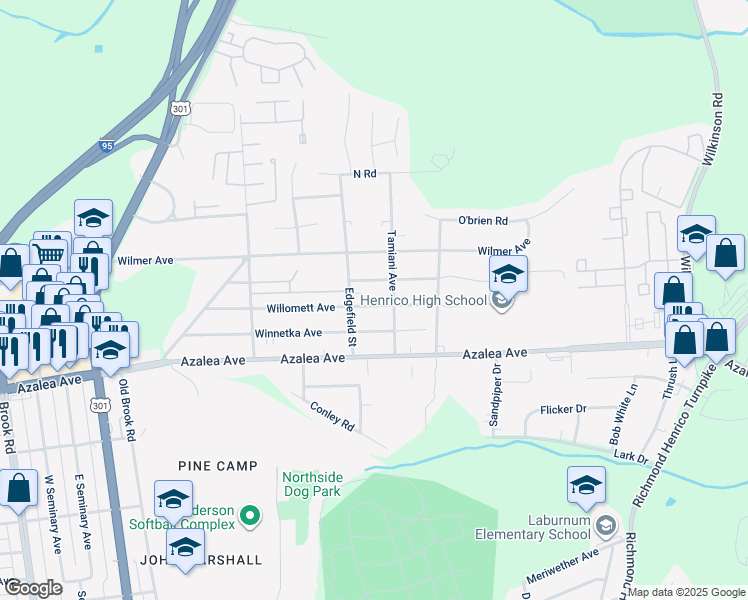 map of restaurants, bars, coffee shops, grocery stores, and more near 506 Willomett Avenue in Richmond
