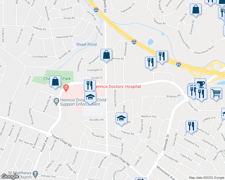 map of restaurants, bars, coffee shops, grocery stores, and more near 1626 Rockwood Road in Richmond