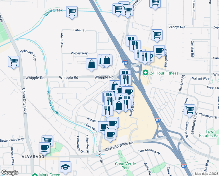 map of restaurants, bars, coffee shops, grocery stores, and more near 2818 Montair Place in Union City