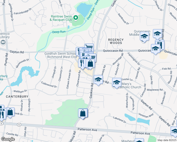 map of restaurants, bars, coffee shops, grocery stores, and more near 1304 Gaskins Road in Richmond