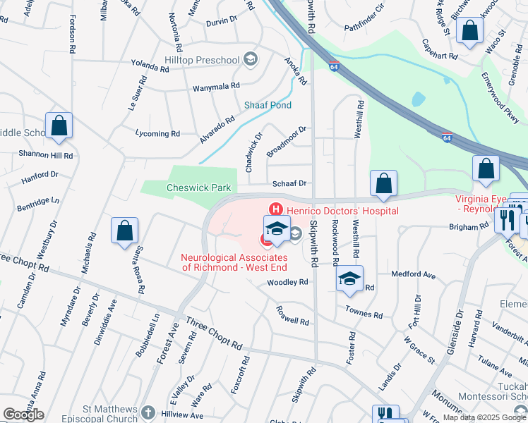 map of restaurants, bars, coffee shops, grocery stores, and more near 7601 Forest Avenue in Richmond