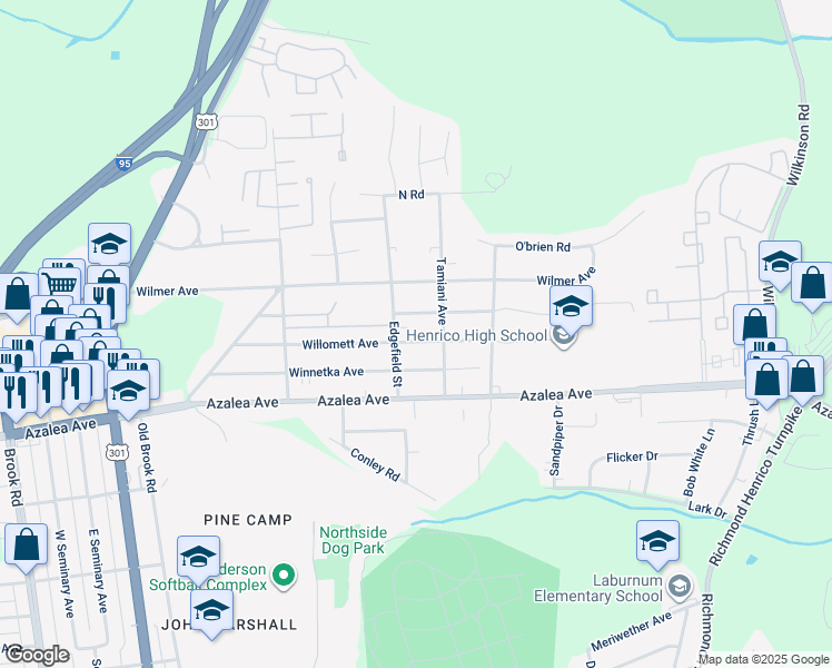 map of restaurants, bars, coffee shops, grocery stores, and more near 508 Willomett Avenue in Richmond