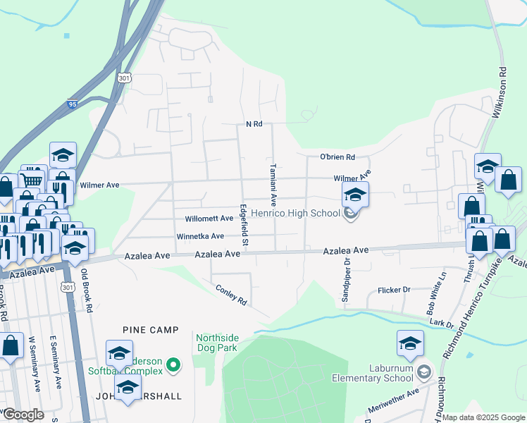 map of restaurants, bars, coffee shops, grocery stores, and more near 504 Willomett Avenue in Richmond