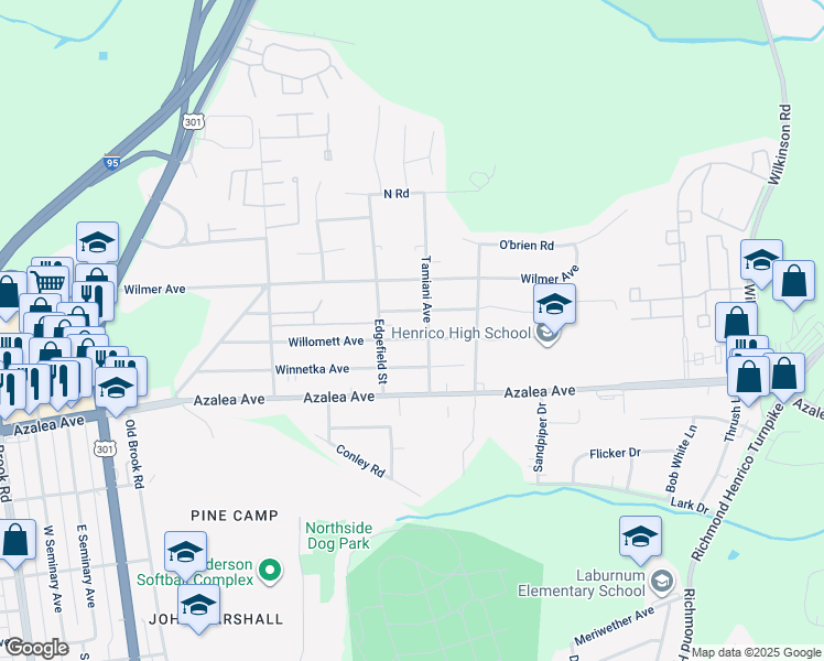 map of restaurants, bars, coffee shops, grocery stores, and more near 504 Willomett Avenue in Richmond