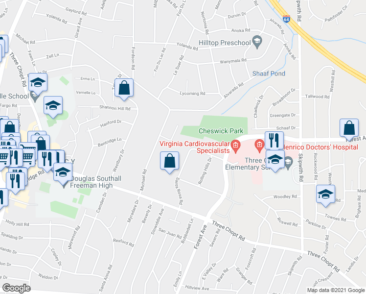 map of restaurants, bars, coffee shops, grocery stores, and more near 1606 Santa Rosa Road in Richmond