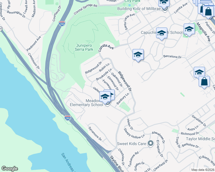 map of restaurants, bars, coffee shops, grocery stores, and more near 1166 Fernwood Drive in Millbrae