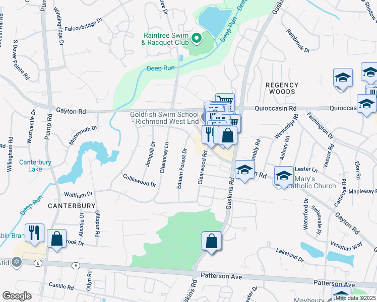map of restaurants, bars, coffee shops, grocery stores, and more near 1521 Ednam Forest Drive in Richmond
