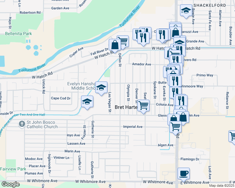 map of restaurants, bars, coffee shops, grocery stores, and more near 1718 Las Vegas Street in Modesto