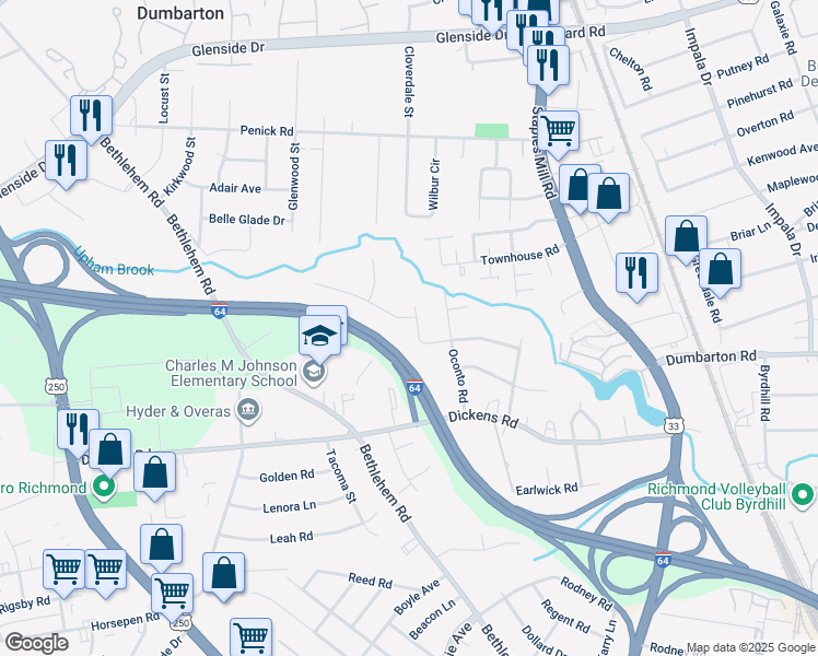 map of restaurants, bars, coffee shops, grocery stores, and more near 3302 Listerbrook Court in Richmond