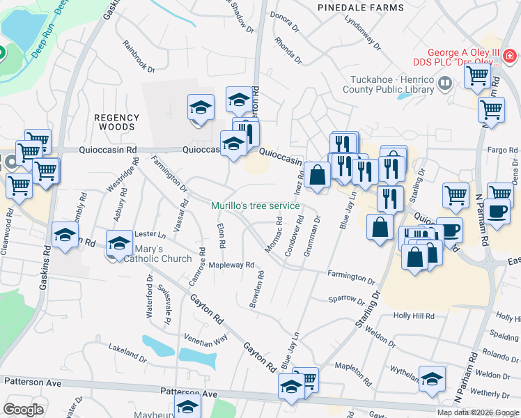 map of restaurants, bars, coffee shops, grocery stores, and more near 9216 Fisk Road in Richmond